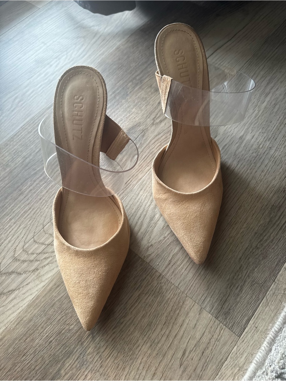 SCHUTZ Tan Pointed Toe Mule with Clear Strap